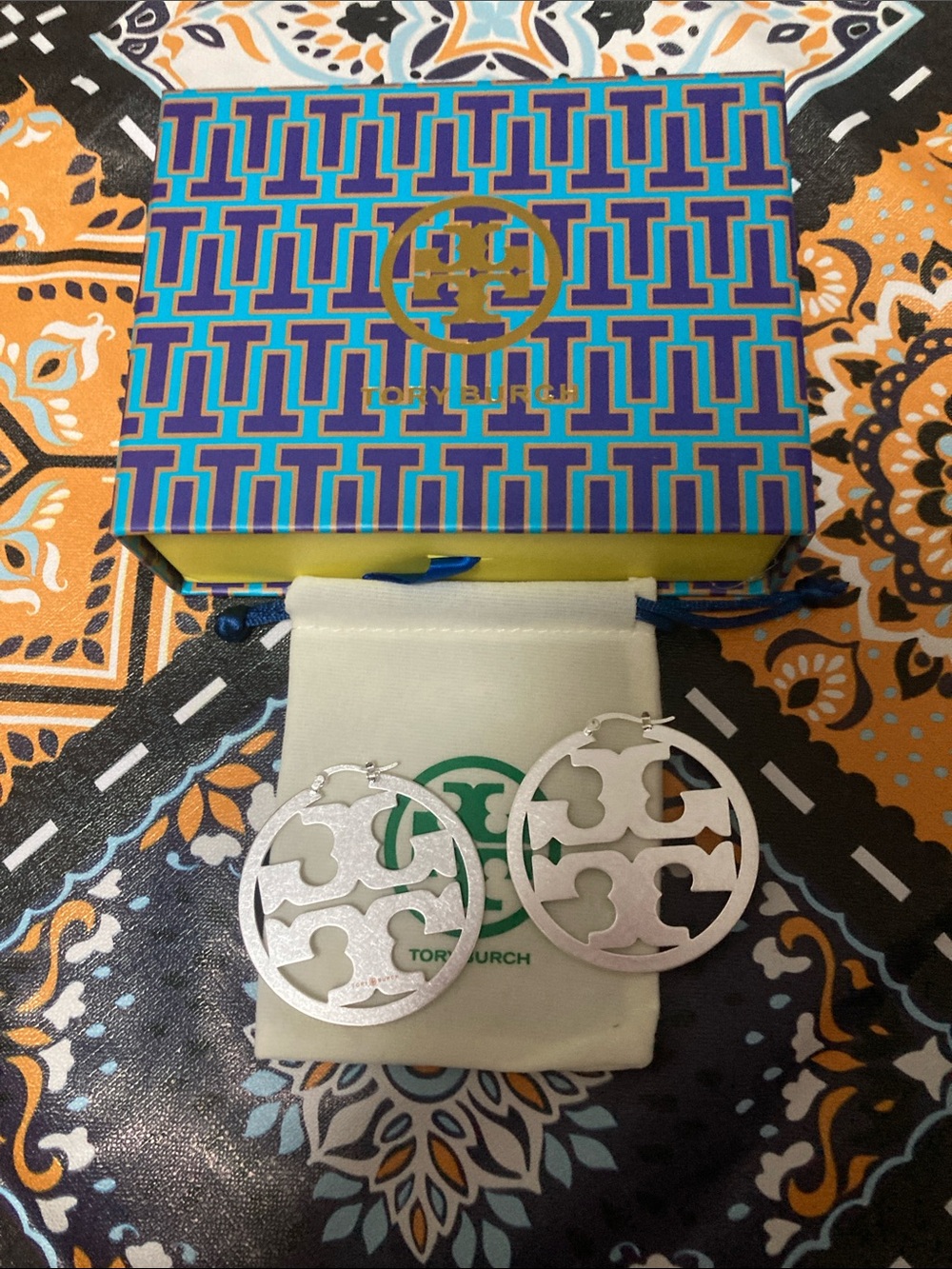 Tory Burch Silver Round Logo Cutout Earrings with Branded Box
